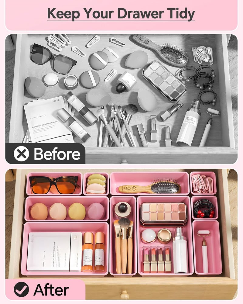 KEMETHY 25 PCS Plastic Drawer Organizers Set, 4 Sizes Vanity Organizer, Makeup and Desk Drawer Organizer Trays, Organization and Storage for Makeup, Bathroom, Kitchen Utensils and Office (Pink) - Image 3